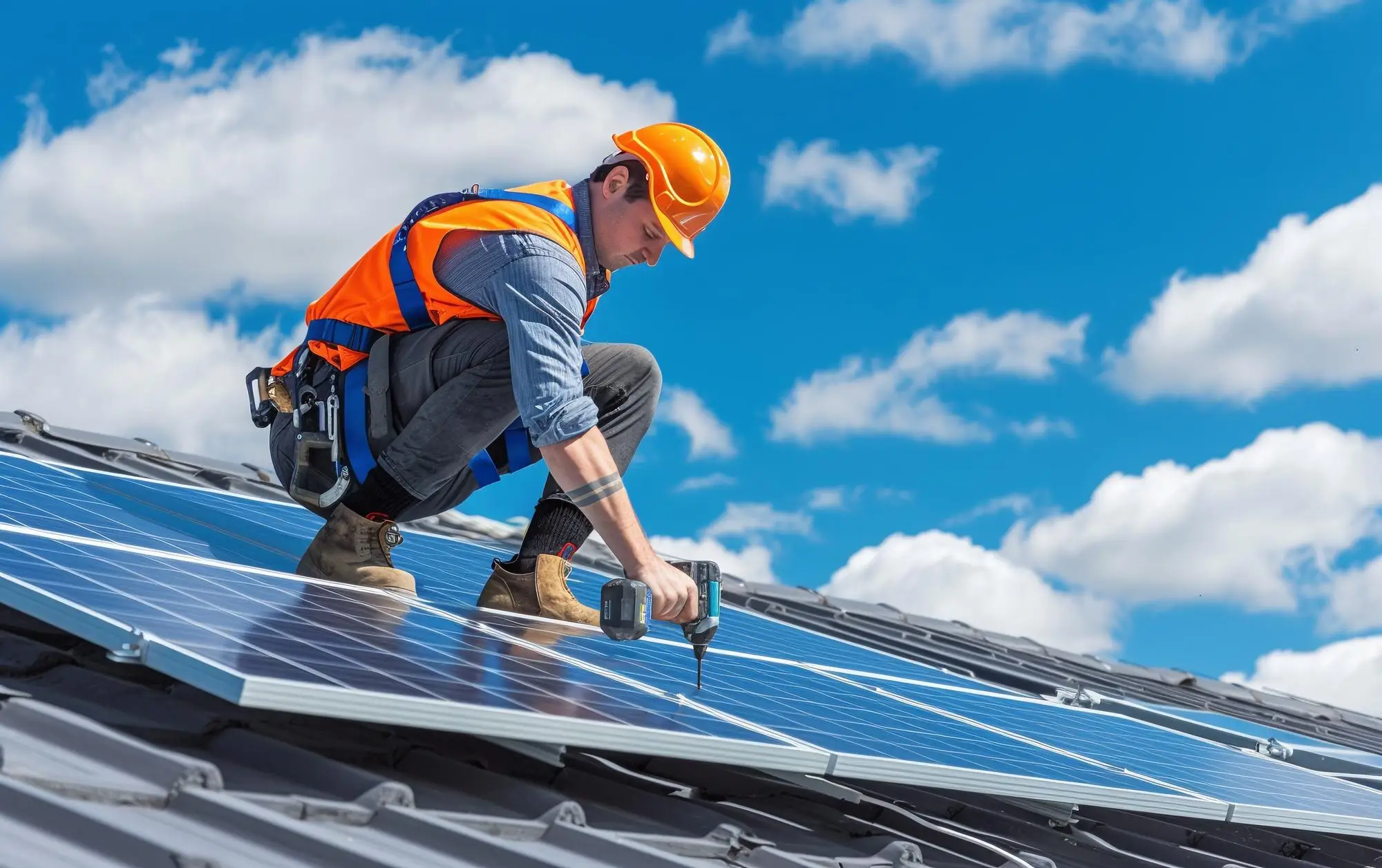Monteur montiert Solarmodule auf einem Dach unter blauem Himmel