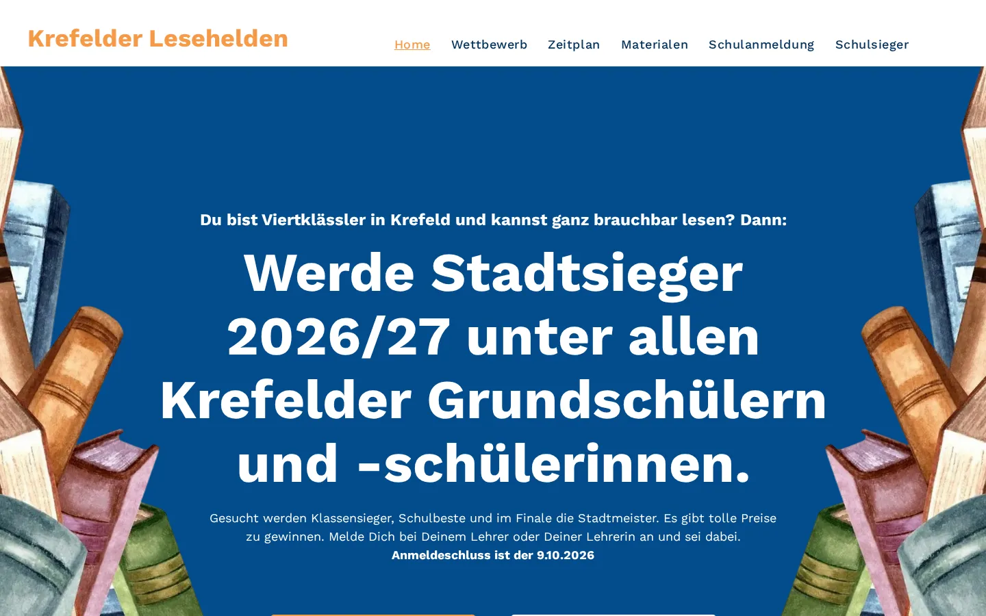 Startseite der Krefelder Lesehelden am Computer: „Werde Stadtsieger 2026/27 unter allen Krefelder Grundschülern und -schülerinnen.“