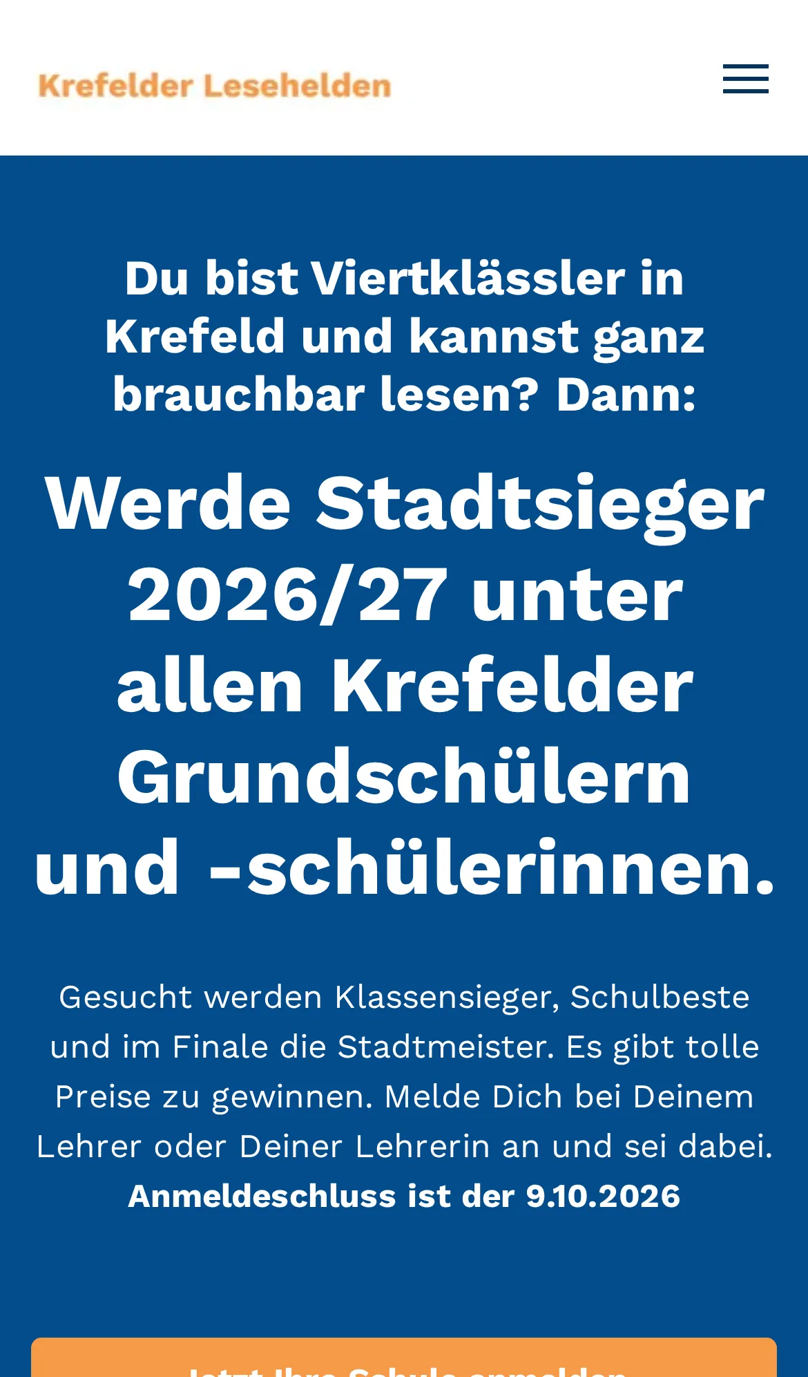 Startseite der Krefelder Lesehelden auf dem Handy: „Werde Stadtsieger 2026/27 unter allen Krefelder Grundschülern und -schülerinnen.“