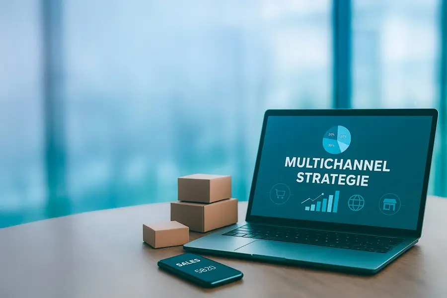 Ein Laptop zeigt eine Multichannel-Strategie neben kleinen Paketen auf dem Tisch