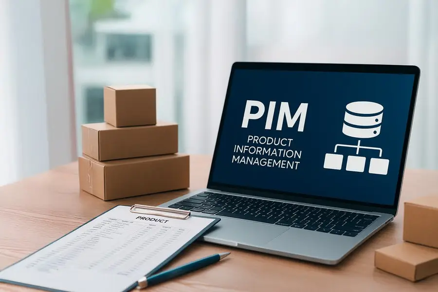 Ein Laptop zeigt Produktdatenmanagement neben Kartonpaketen