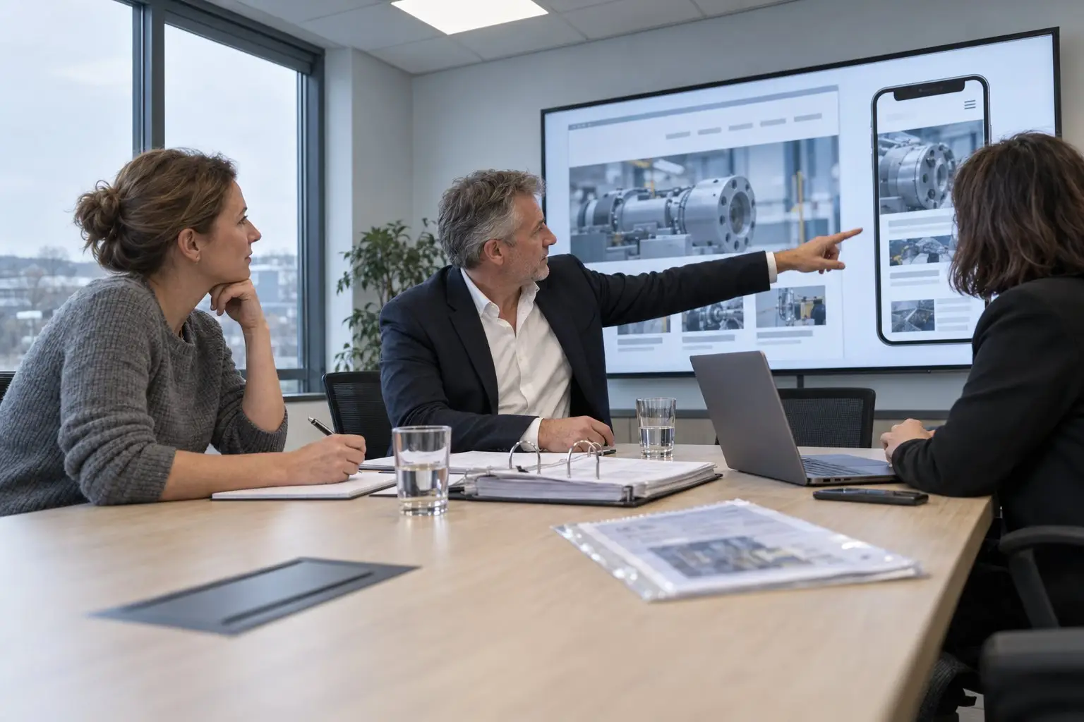 Geschäftsführung und Webberaterin besprechen im Konferenzraum den Entwurf der neuen Firmenwebsite