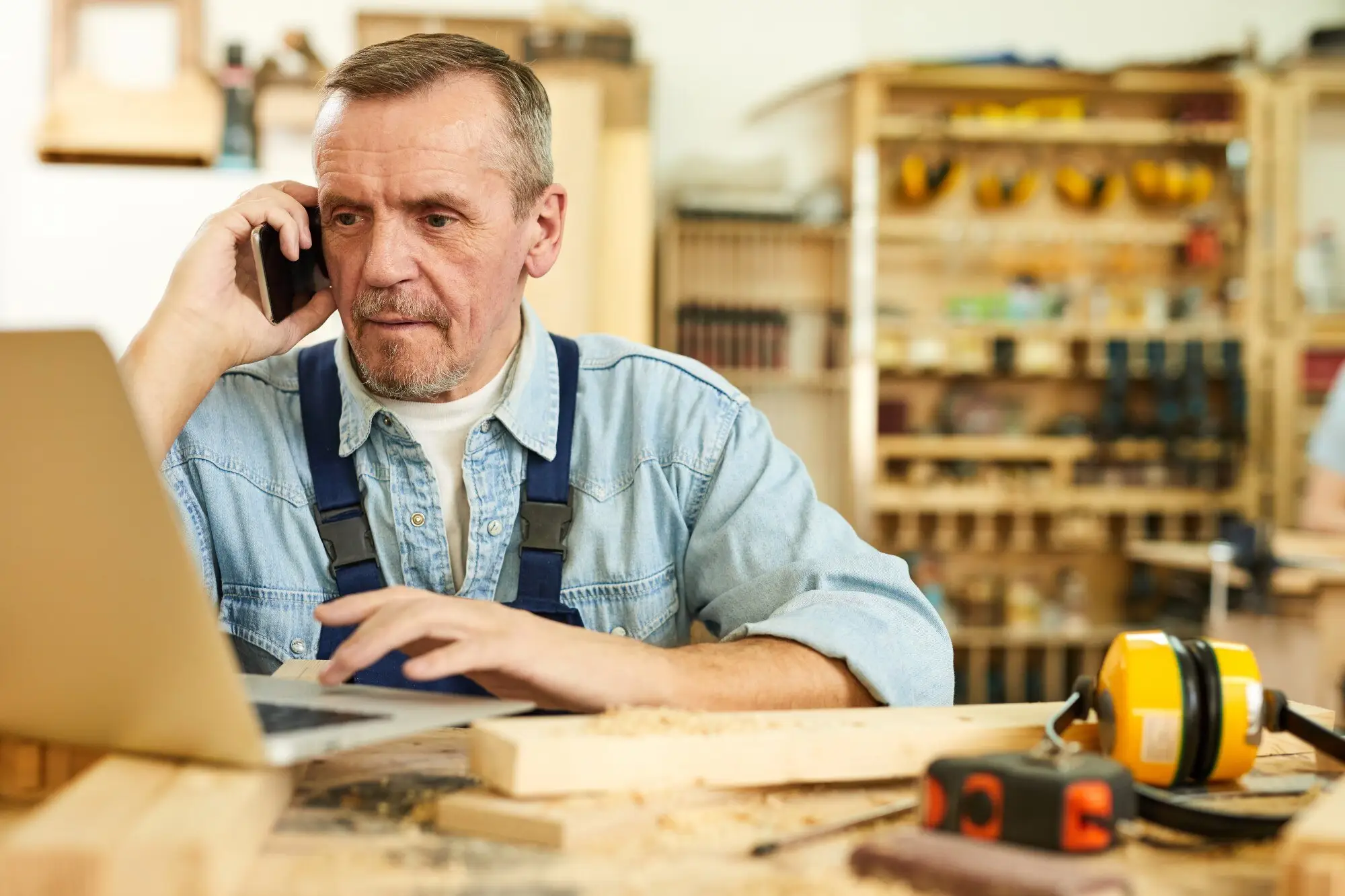 Handwerker telefoniert in seiner Werkstatt und schaut dabei auf den Laptop