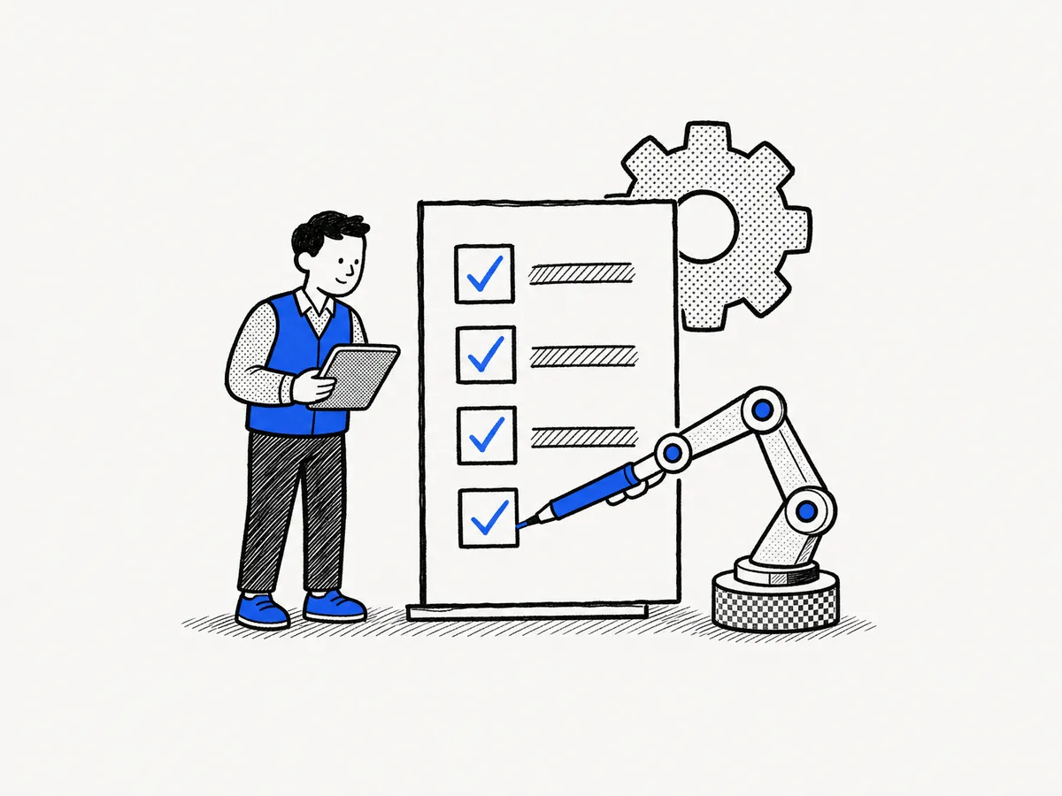 Tusche & Raster: Roboterarm hakt den letzten Punkt einer Checkliste ab, daneben ein Mann mit Tablet