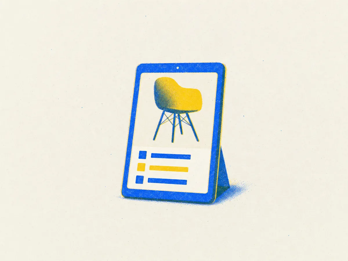 Risodruck: Tablet mit Stuhl in Gold und Blau