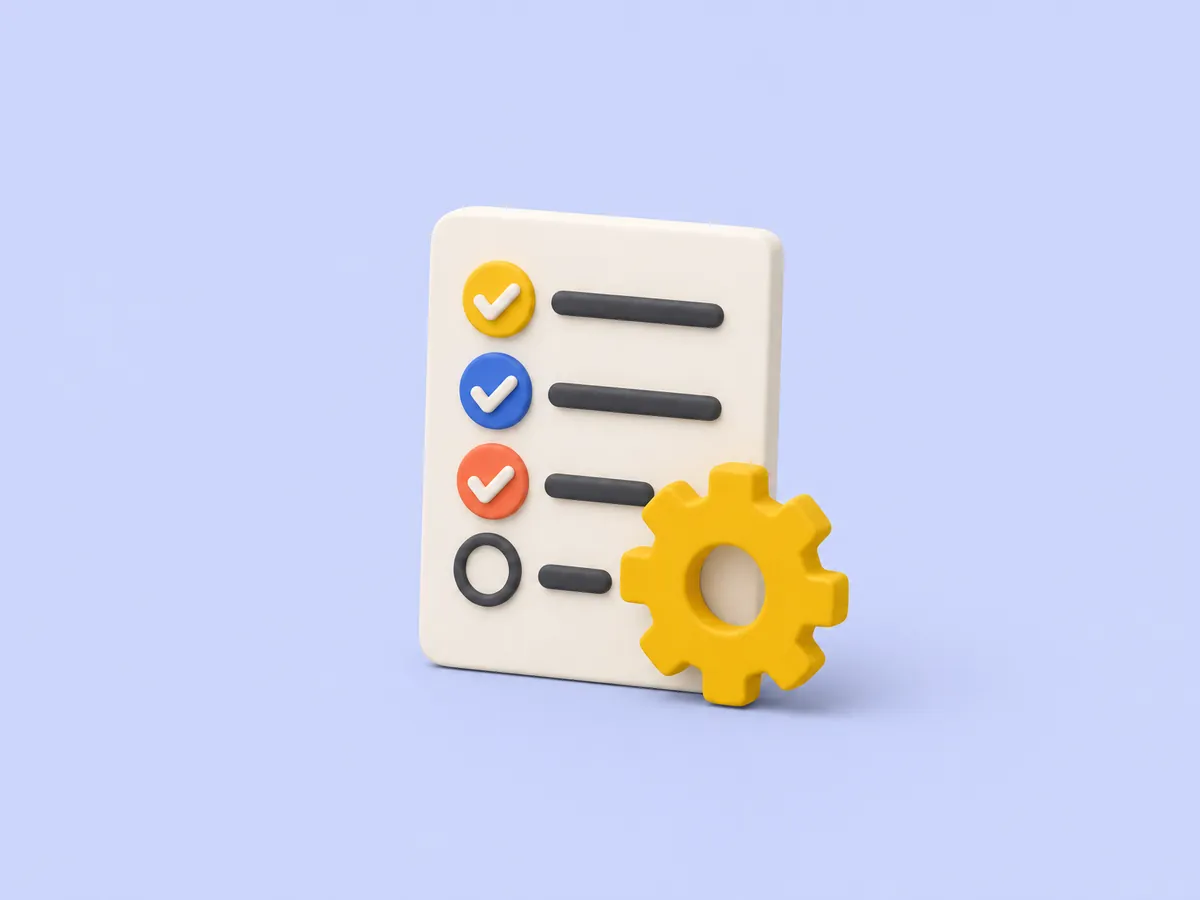 Verworfener 3D-Stil: Checkliste mit Haken und einem Zahnrad