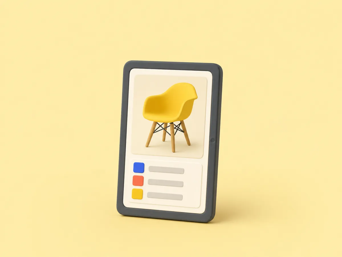 Verworfener 3D-Stil: Tablet mit einem Stuhl und Produktdaten