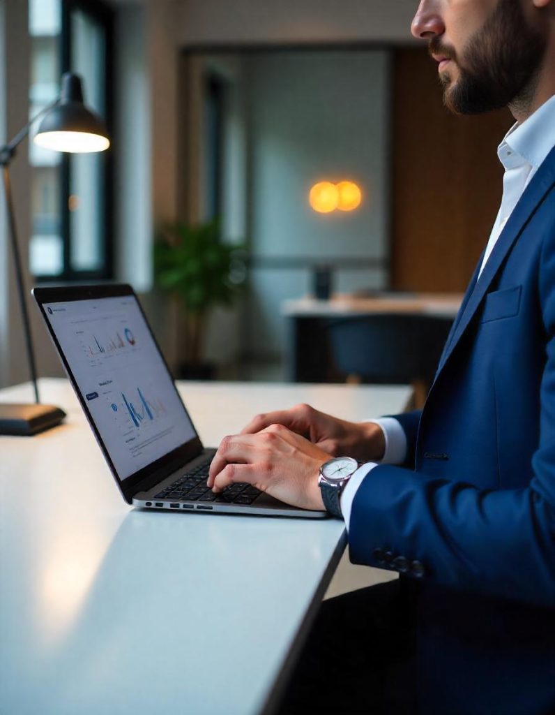 Geschäftsmann arbeitet am Laptop mit Datenanalyse auf dem Bildschirm.