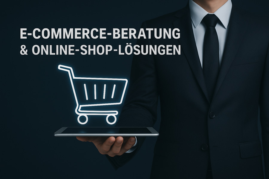 E-Commerce-Beratung - Ihr Weg zum erfolgreichen Online-Shop grafisch dargestellt mit einem Einkaufswagen-Icon.
