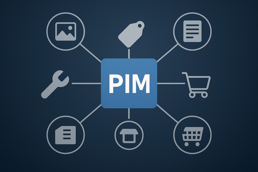 PIM-Beratung und Integration 1 PIM Beratung - Produktdaten zentral im Griff grafisch mit mehreren Icons dargestellt.