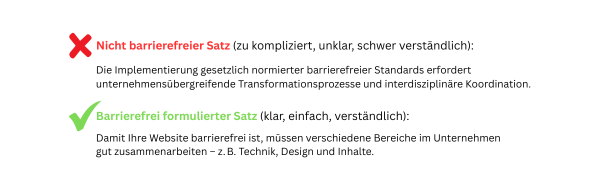 Vergleich: komplizierter versus barrierefreier Satz.