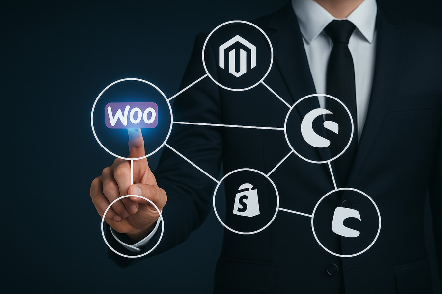E-Commerce-Beratung & Online-Shop-Lösungen - Plattformwahl und Umsetzung - grafisch mit Icons dargestellt.