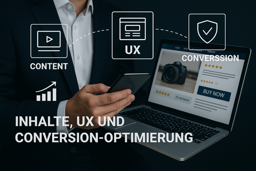E-Commerce-Beratung - Inhalte, UX und Conversion-Optimierung grafisch dargestellt mit Icons.
