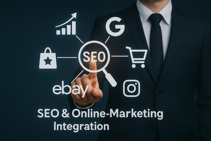 E-Commerce-Beratung - SEO & Online-Marketing Integration grafisch dargestellt mit Icons.