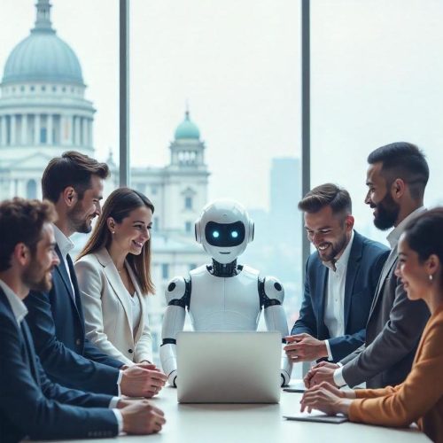 Infos zur KI-Verordnung. Roboter sitzt mit Geschäftsleuten in einem Meeting – Symbolbild für KI im Unternehmensalltag.