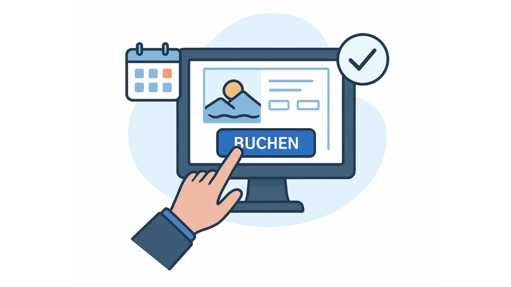 Barrierefreie Websites: Symbolbild für Online-Buchung: Hand klickt auf ‚Buchen‘-Button auf einem Bildschirm.