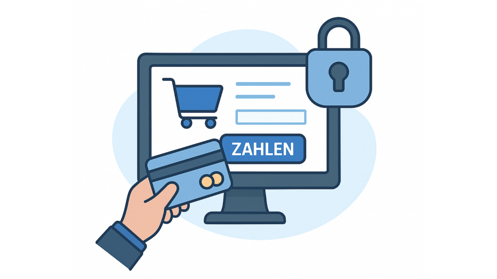 Barrierefreie Websites: Illustration einer sicheren Online-Zahlung mit Kreditkarte, Einkaufswagen-Symbol und Schloss.