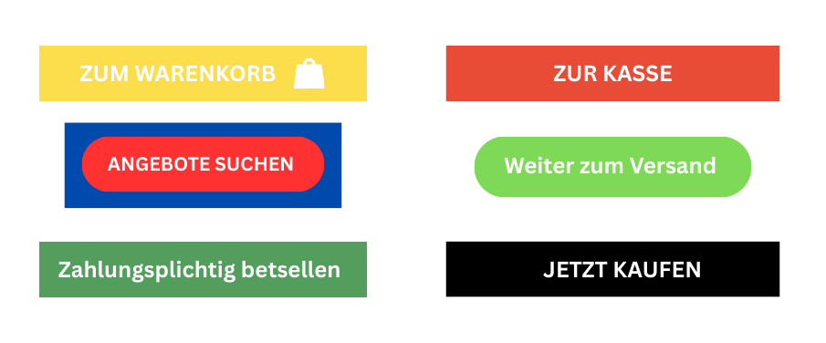 Verschiedene farbige Buttons mit Online-Shop-Texten wie ‚Zum Warenkorb‘, ‚Zur Kasse‘ und ‚Jetzt kaufen‘.