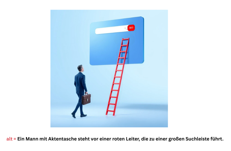 Ein Mann mit Aktentasche steht vor einer roten Leiter, die zu einer großen Suchleiste führt.