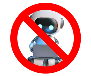Verbotsschild über Roboter mit Laptop – Symbol für KI-Einschränkungen.