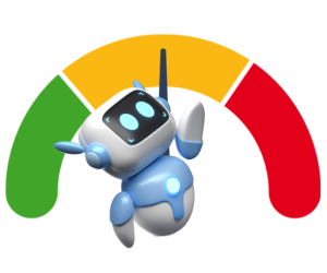 Roboter zeigt auf mittleren Bereich einer Risikoskala – Symbol für moderates KI-Risiko.