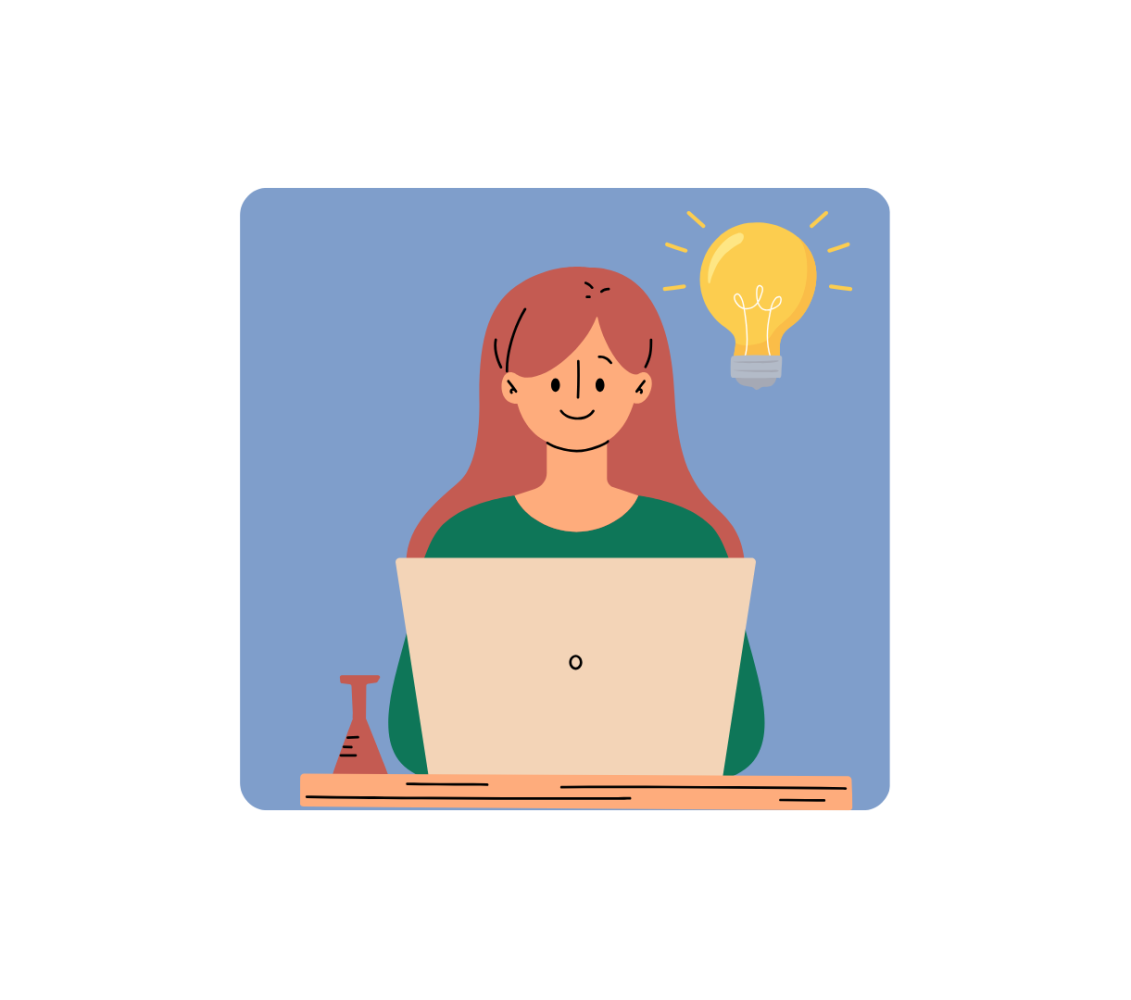 Frau mit roten Haaren arbeitet an einem Laptop, im Hintergrund eine leuchtende Glühbirne als Symbol für eine kreative Idee.
