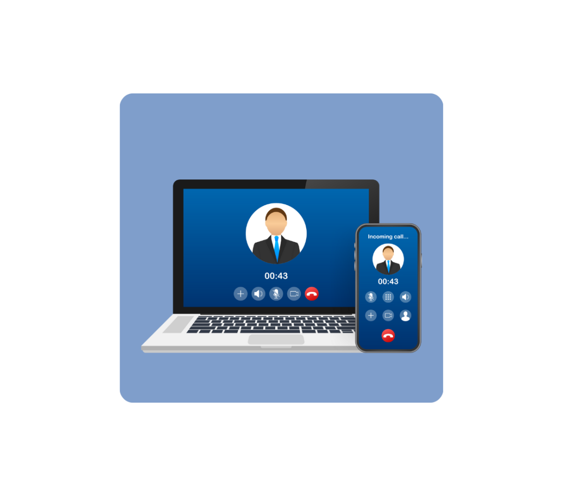 Laptop mit Videoanruf-Interface und Smartphone daneben, Darstellung einer virtuellen Kommunikation.