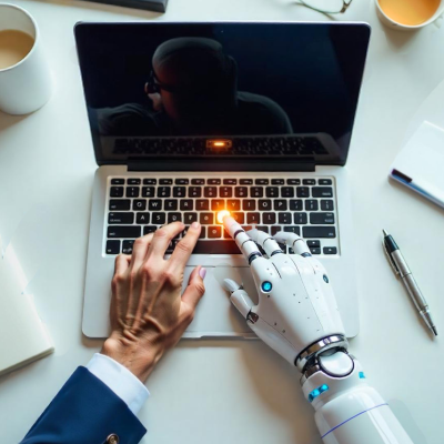 Mensch und Roboter bedienen gemeinsam einen Laptop – Symbolbild für Künstliche Intelligenz